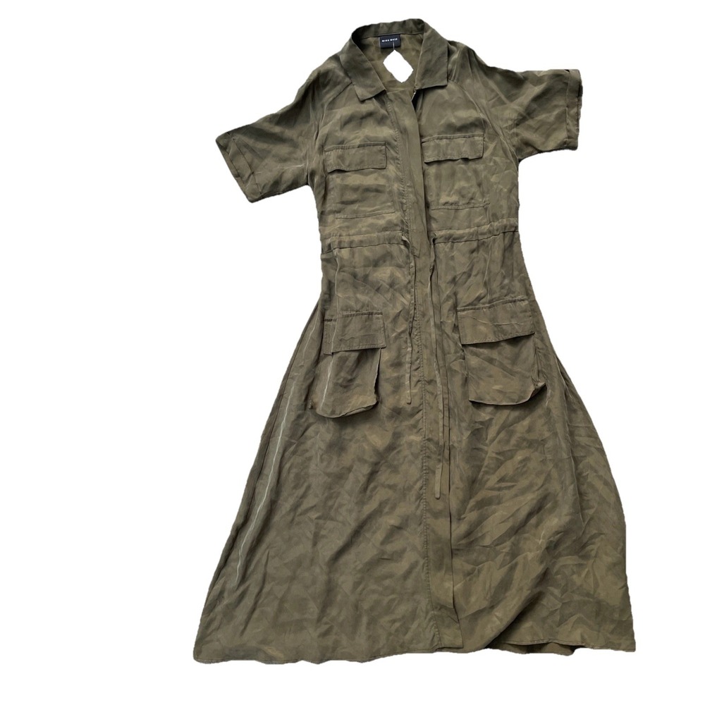 Miou Muse Women's Olive Green Cargo Maxi Dress Zip Front Collard Size Medium